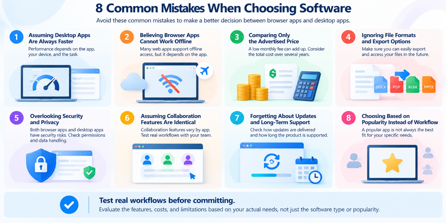 Eight common mistakes when choosing browser apps versus desktop apps, covering performance, offline access, costs, file compatibility, security, collaboration, updates, and workflow fit