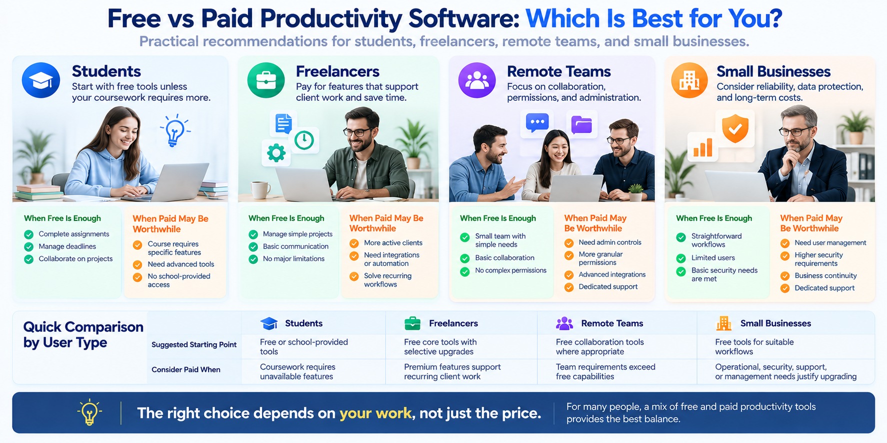 Free vs paid productivity software comparison for students, freelancers, remote teams, and small businesses, showing when free tools are enough and when paid upgrades make sense